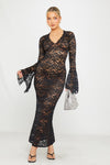 Black Sheer Lace Plunge Flared Sleeve Maxi Dress