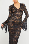 Black Sheer Lace Plunge Flared Sleeve Maxi Dress