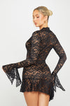 Black Sheer Lace Plunge Flared Sleeve Mini Dress