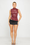 Wine Faux Leather High Neck Asymmetric Top