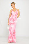 Pink Floral Print Halterneck Open Back Maxi Dress