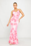 Pink Floral Print Halterneck Open Back Maxi Dress