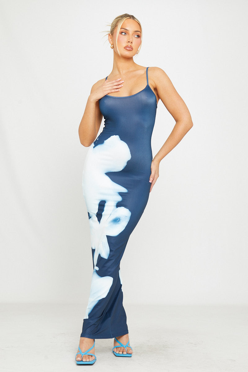 Blue Floral Print Strappy Bodycon Maxi Dress