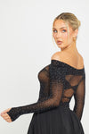 Black Sheer Cut Out Rhinestone Detail Bodysuit