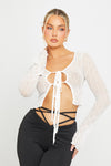 White Sheer Ruffle Detail Tie Front Long Sleeve Top