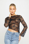 Black Sheer Lace Asymmetric Long Sleeve Top