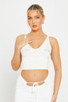 White Lace Plunge Shoulder Tie Crop Top