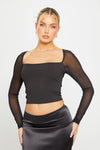 Black Ribbed Mesh Sleeve Square Neck Crop Top