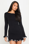 Black Knitted Ruffle Hem Long Sleeve Mini Dress