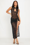 Black Lace Keyhole Thigh Split Maxi Dress