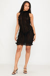 Black Sheer High Neck Shaggy Mini Dress