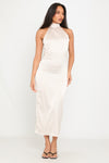 Champagne Satin High Neck Open Back Maxi Dress