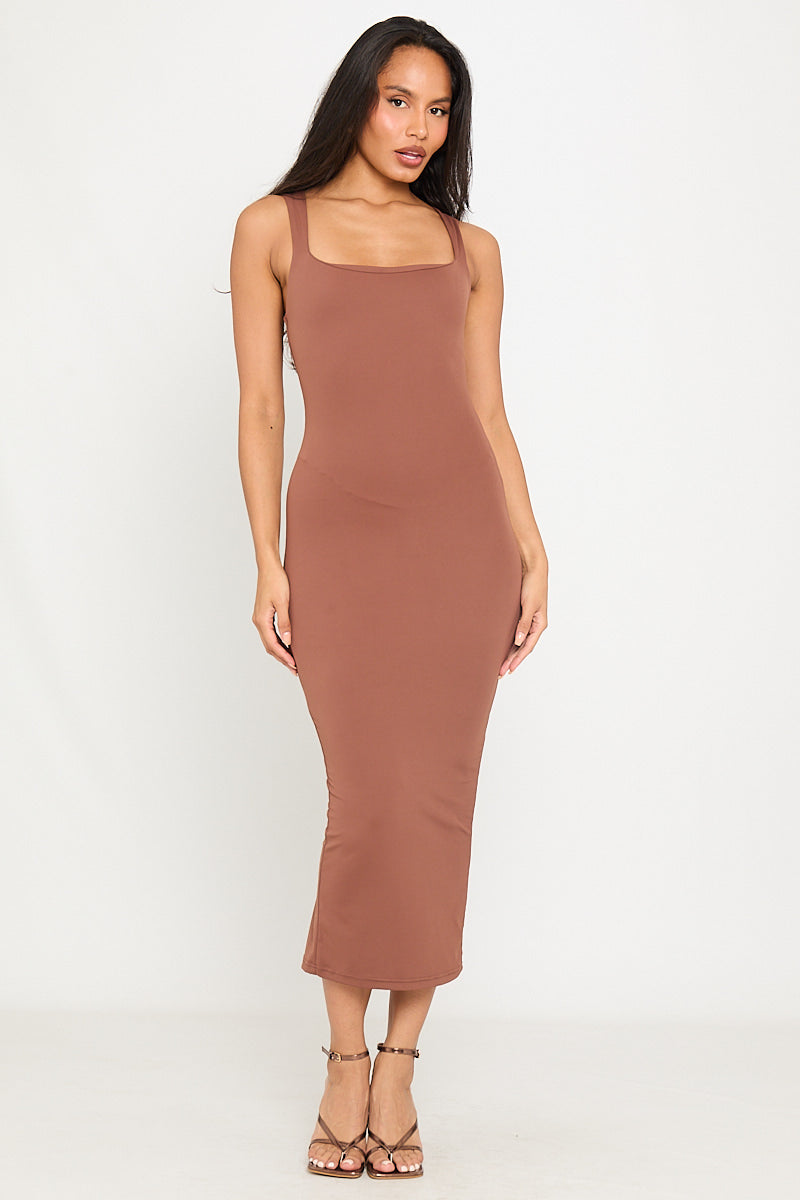 Coffee Square Neck Double Layered Midi Dress