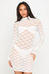 White Sheer Lace High Neck Ruched Mini Dress