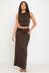 Brown Knotted Ruched Crop Top & Maxi Skirt Co-Ord