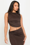 Brown Knotted Ruched Crop Top & Maxi Skirt Co-Ord