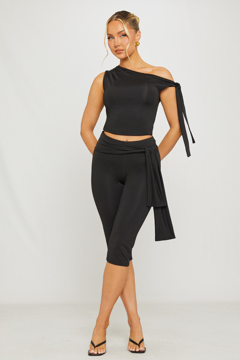 Black One Shoulder Knot Detail Top & Capri Pants Co-Ord