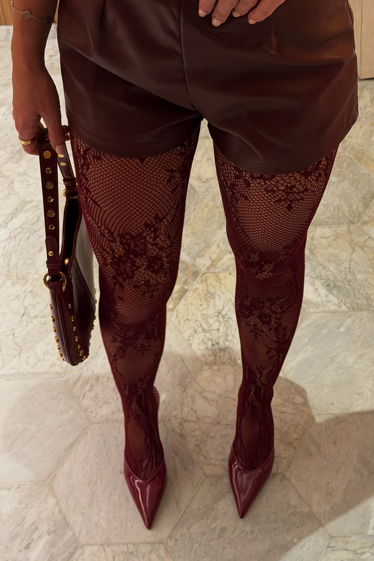 Burgundy Floral Fishnet Tights