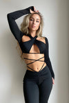 Black Adjustable Drawstring Tie Straight Leg Trousers